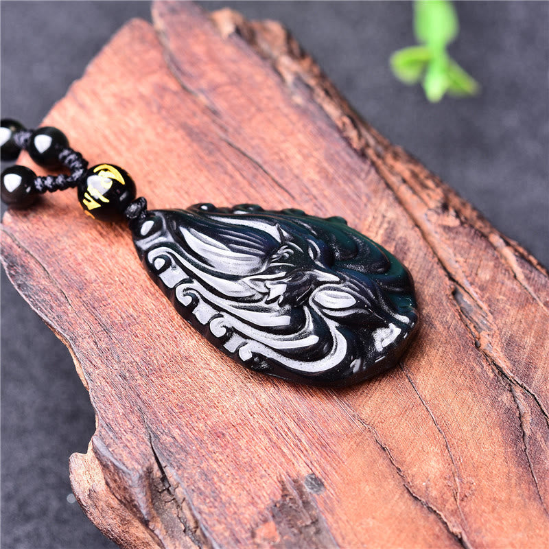 Buddha Stones Natural Rainbow Obsidian Nine Tailed Fox Inner Peace Necklace Beaded String Pendant