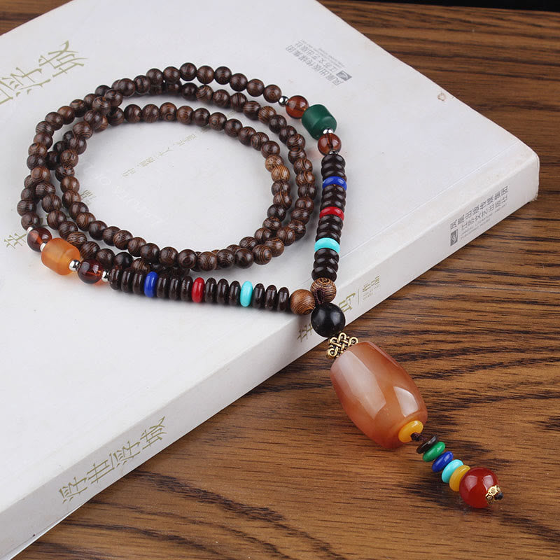 Buddha Stones Tibetan Wenge Wood Bodhi Seed Agate Balance Peace Necklace Pendant