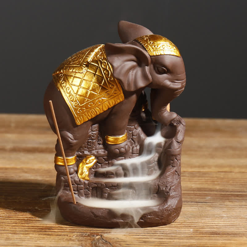 Buddha Stones Tibetan Elephant Purple Clay Backflow Smoke Fountain Peace Healing Incense Burner Decoration