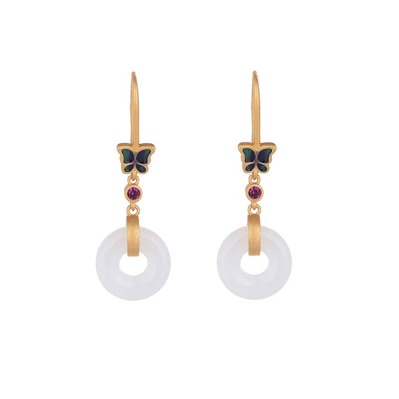 Buddha Stones FengShui White Jade Butterfly Fortune Earrings