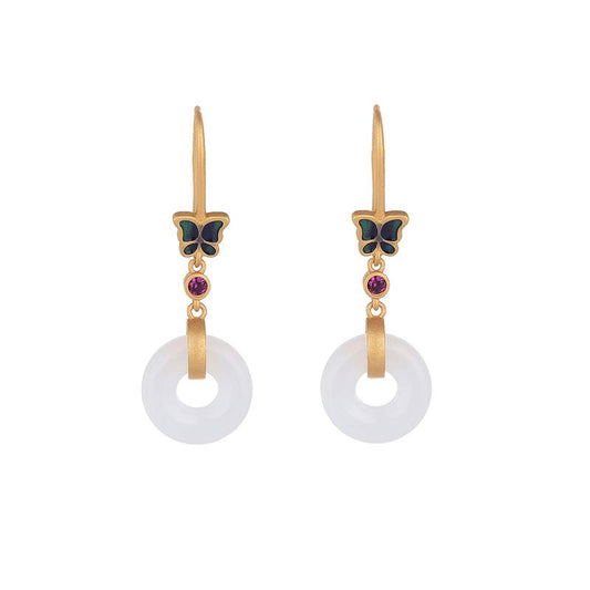 Buddha Stones FengShui White Jade Butterfly Fortune Earrings