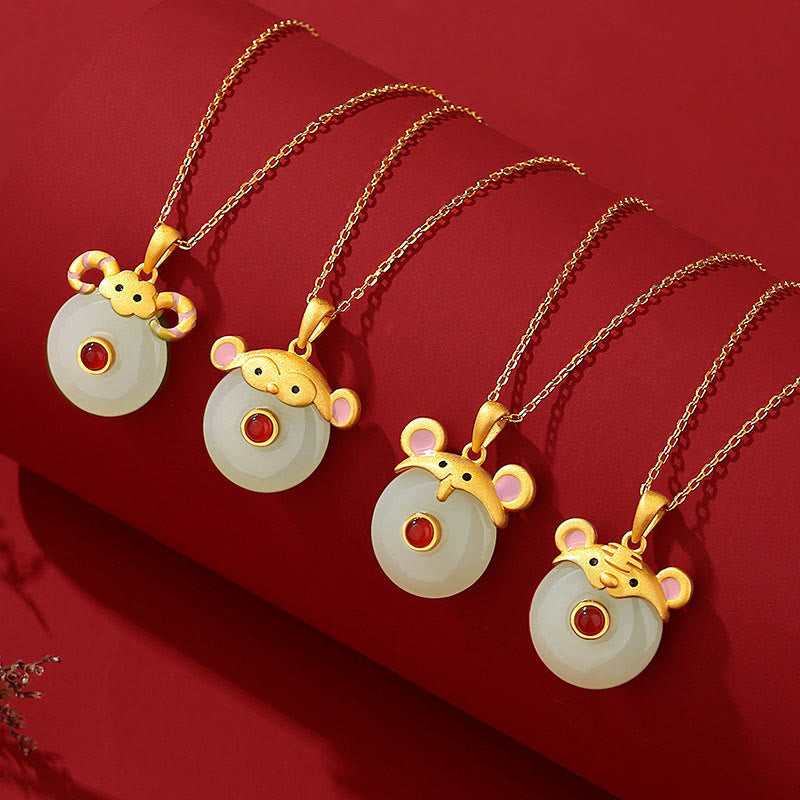 Buddha Stones 925 Sterling Silver Hetian Jade Chinese Zodiac Year of the Dragon Red Agate Luck Protection Necklace Pendant