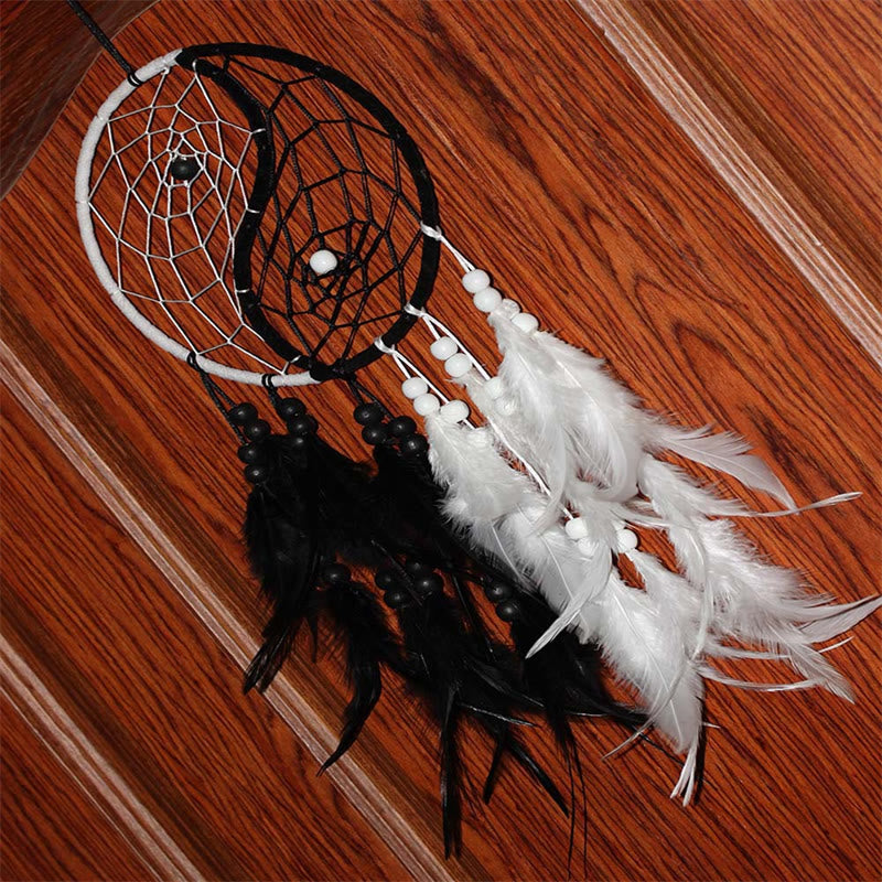 Buddha Stones Yin Yang  Dream Catcher Circular Net with Feathers Balance Decoration