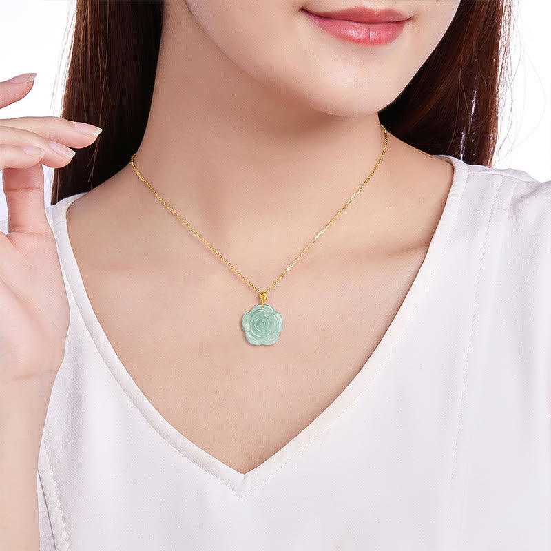 Buddha Stones 18K Gold Buckle 925 Sterling Silver Chain Natural Jade Rose Luck Necklace Pendant
