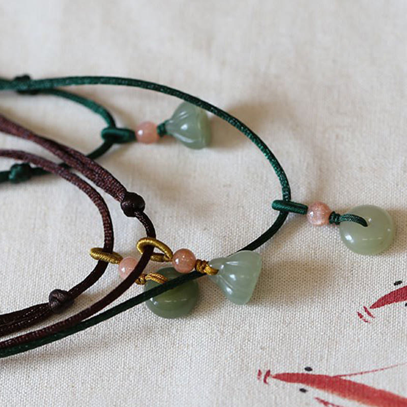 Buddha Stones Natural Round Jade Peace Buckle Lotus Abundance String Necklace Pendant