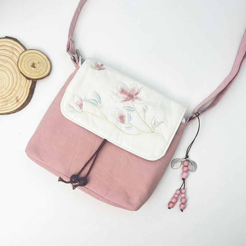 Buddha Stones Embroidered Camellia Epiphyllum Gardenia Sakura Flowers Crossbody Bag Shoulder Bag Cellphone Bag
