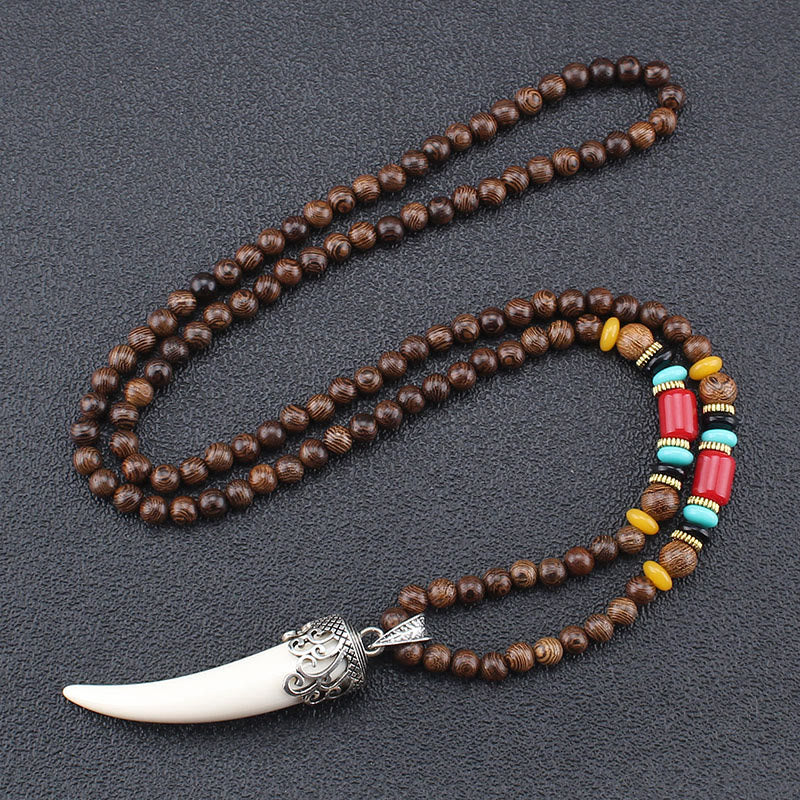 Buddha Stones Wenge Wood Turquoise Stone Horn Style Protection Meditation Necklace Pendant