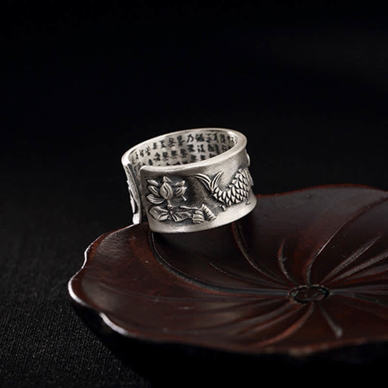 Buddha Stones 999 Sterling Silver Luck Koi Fish Lotus Heart Sutra Wealth Ring