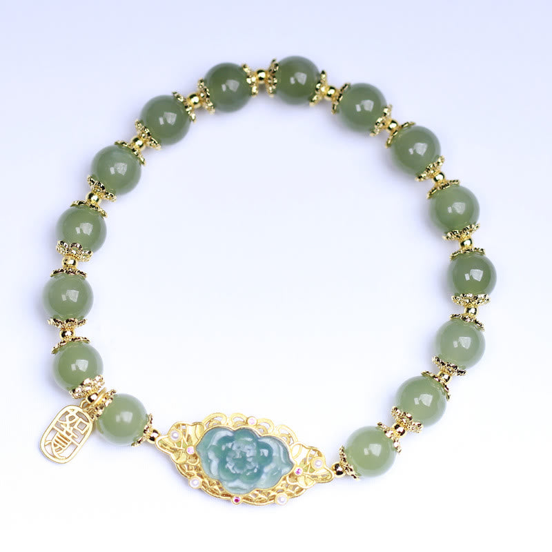 Buddha Stones 925 Sterling Silver Plated 14K Gold Hetian Jade Lotus Luck Bracelet