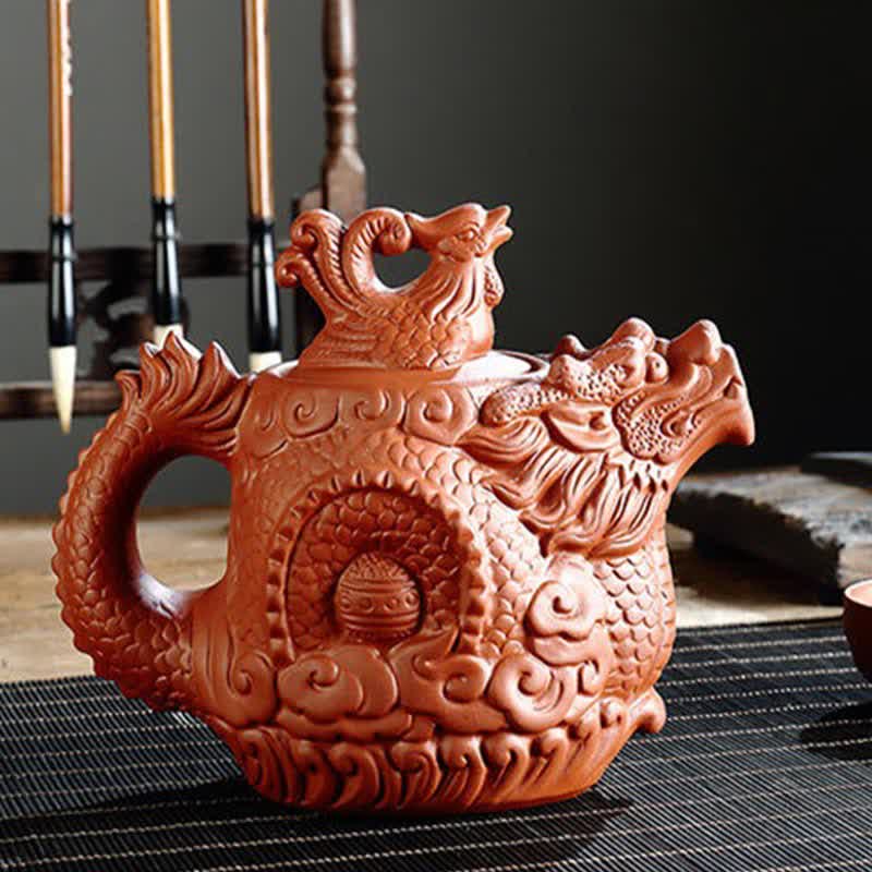 Buddha Stones Vintage Dragon Phoenix Ceramic Teapot
