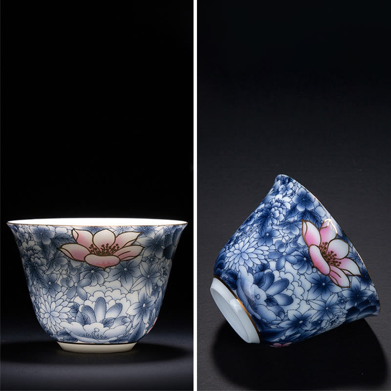 Buddha Stones Colorful Flowers Orchid Sea Waves Blue and White Porcelain Ceramic Teacup Kung Fu Tea Cup