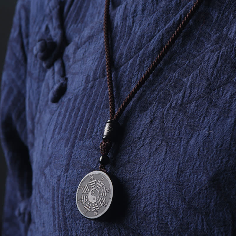 Buddha Stones Black Obsidian Bagua Yin Yang Strength Necklace Pendant