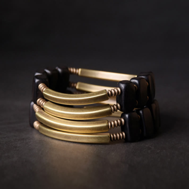 Buddha Stones Tibetan Ebony Wood Brass Copper Balance Double Layer Bracelet