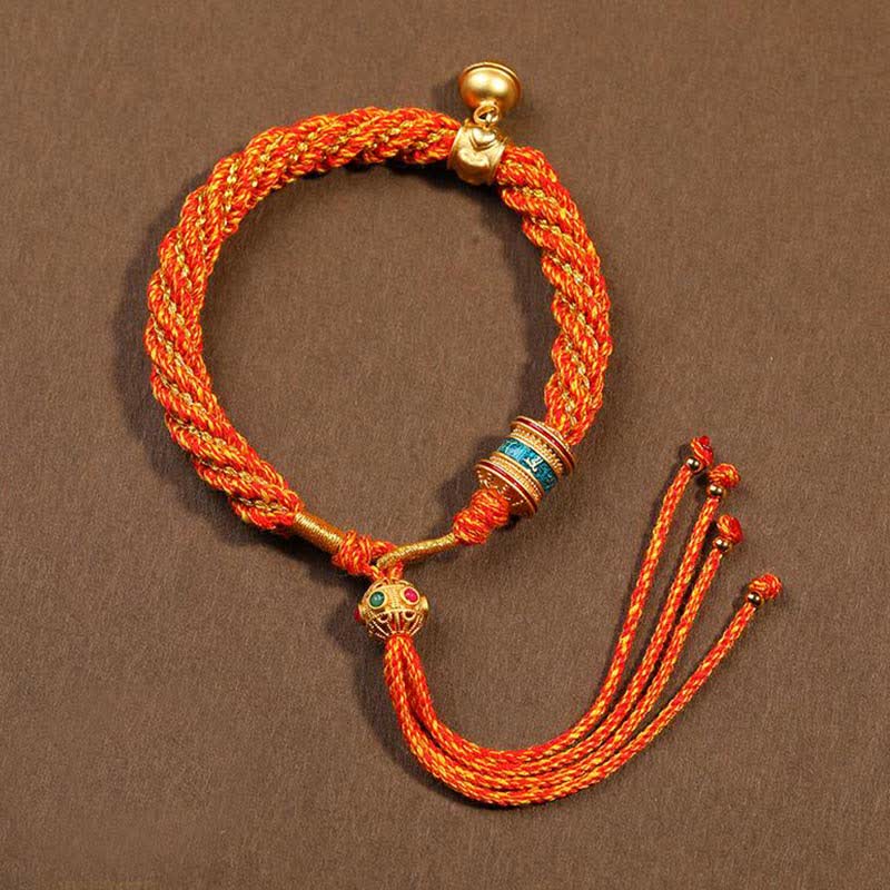 Buddha Stones Tibetan Handmade Luck Protection Thangka Prayer Wheel Bell Charm Braid String Bracelet