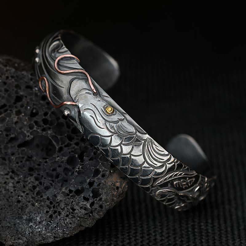 Buddha Stones 999 Sterling Silver 990 Gold Koi Fish Luck Wealth Success Bracelet Bangle