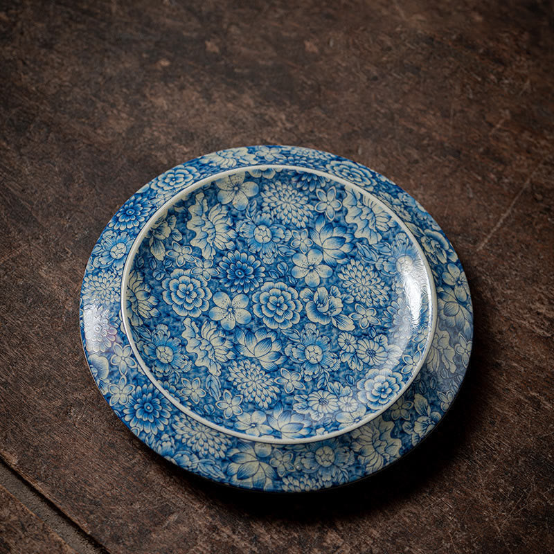 Buddha Stones Vintage Blue And White Porcelain Peach Blossom Lotus Peony Ceramic Gaiwan Sancai Teacup Kung Fu Tea Cup And Saucer With Lid