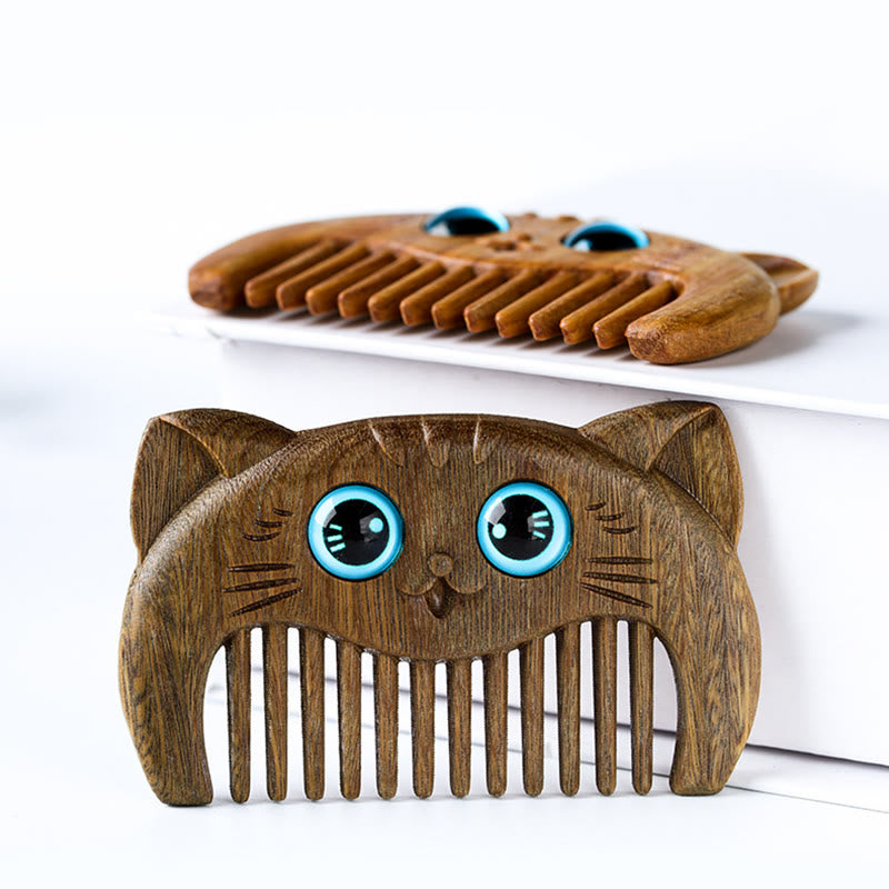 Buddha Stones Simple Cat Pattern Green Sandalwood Cure Portable Comb