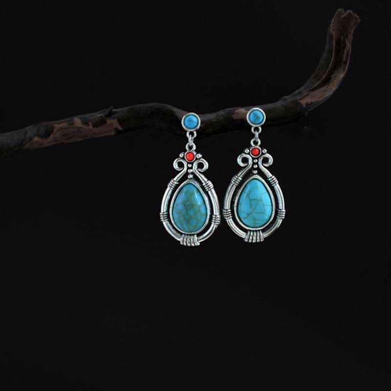 Buddha Stones Tibet Vintage Turquoise Waterdrop Strength Drop Dangle Earrings Clips