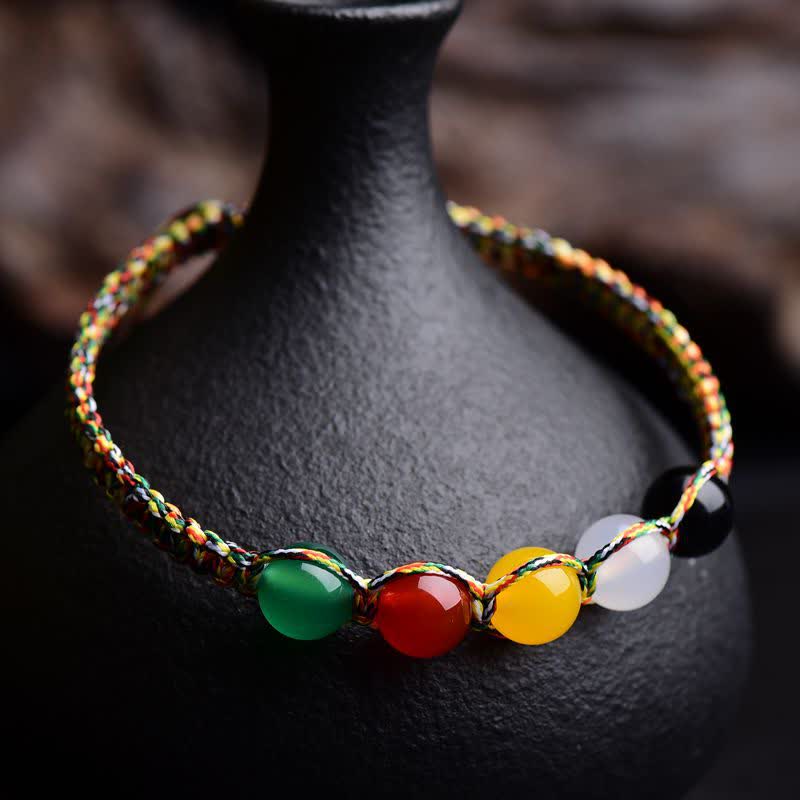Buddha Stones Colorful Agate Metal Wood Water Fire Earth Five Elements String Bracelet