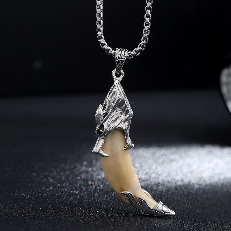 Buddha Stones Imitation Wolf Tooth Titanium Steel Balance Necklace Pendant