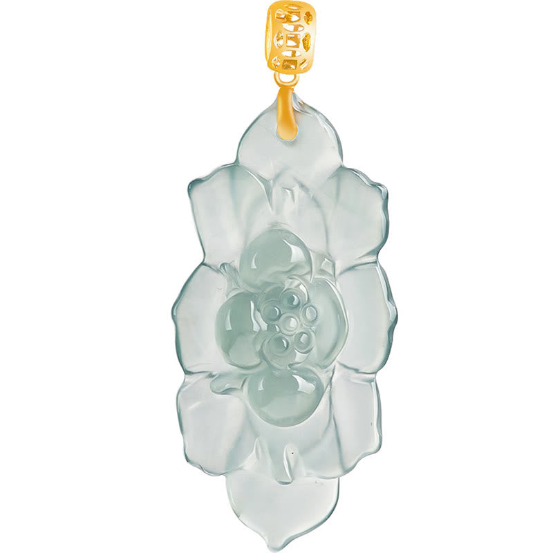 Buddha Stones 925 Sterling Silver Chain 18K Gold Buckle Natural Jade Lotus Pattern Prosperity Necklace Pendant