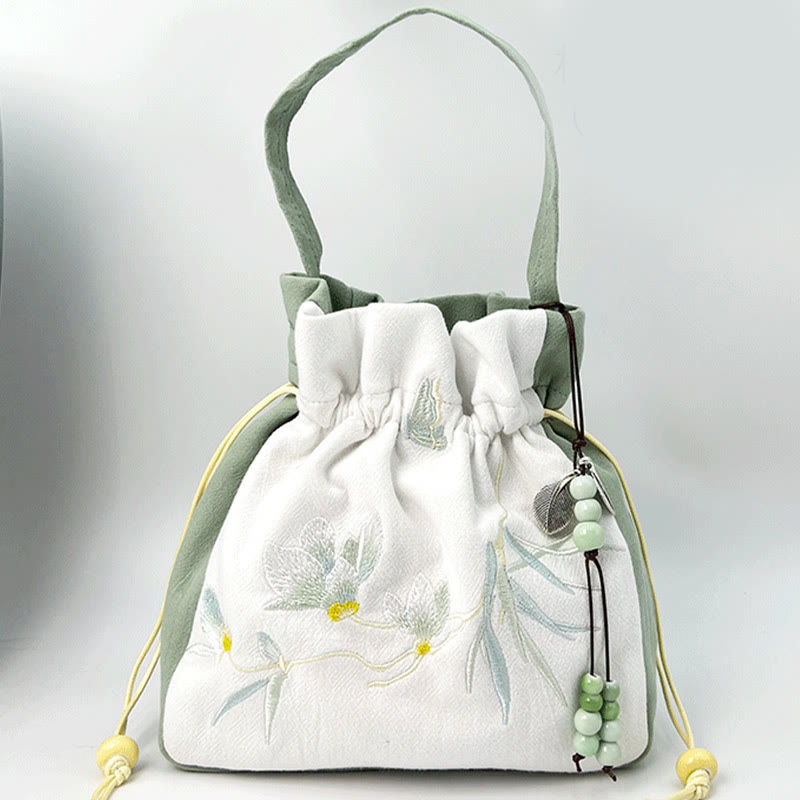 Buddha Stones Embroidered Butterfly Lotus Magnolia Cotton Linen Tote Crossbody Bag Shoulder Bag Handbag