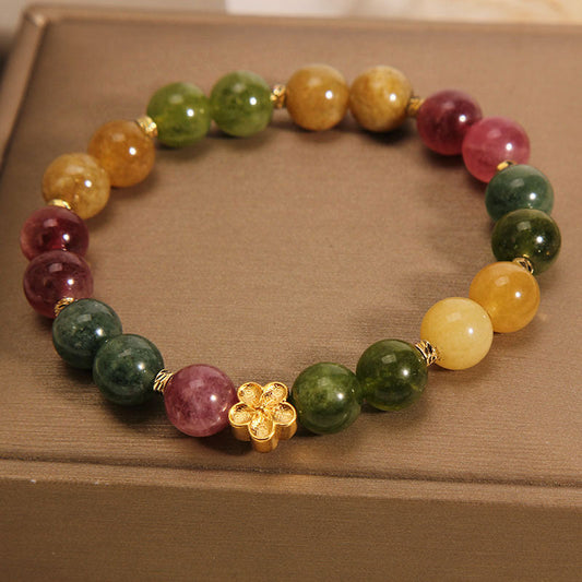 Buddha Stones Natural Colorful Tourmaline Golden Flower Positive Bracelet
