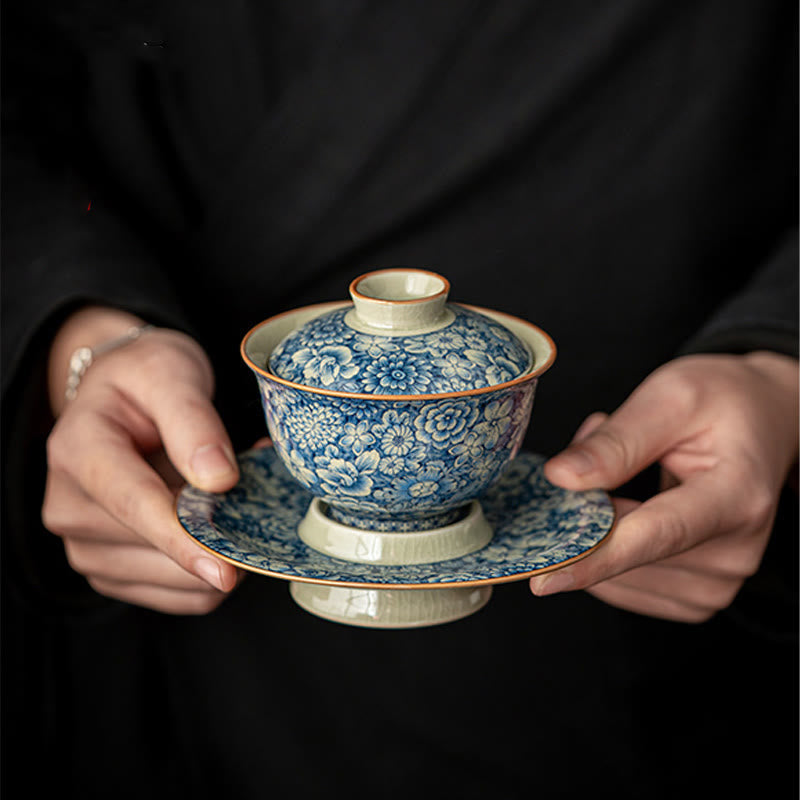 Buddha Stones Vintage Blue And White Porcelain Peach Blossom Lotus Peony Ceramic Gaiwan Sancai Teacup Kung Fu Tea Cup And Saucer With Lid