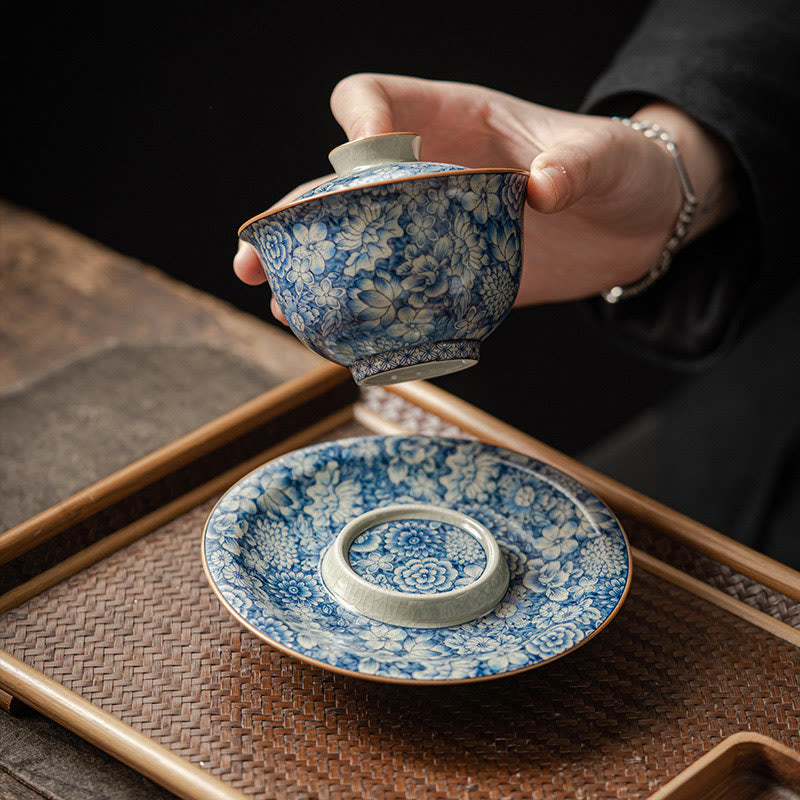 Buddha Stones Vintage Blue And White Porcelain Peach Blossom Lotus Peony Ceramic Gaiwan Sancai Teacup Kung Fu Tea Cup And Saucer With Lid