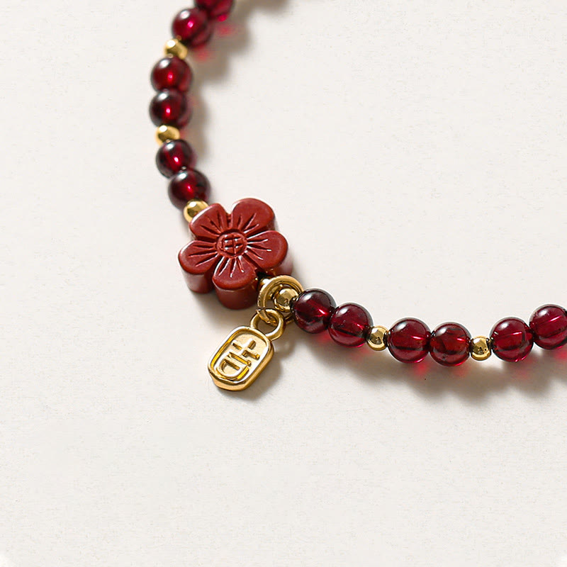 Buddha Stones 14K Gold Plated Natural Garnet Cinnabar Flower Calm Bracelet