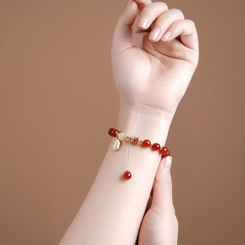 Buddha Stones Natural Red Agate Hetian Jade Fu Character Confidence Charm Bracelet (Extra 30% Off | USE CODE: FS30)