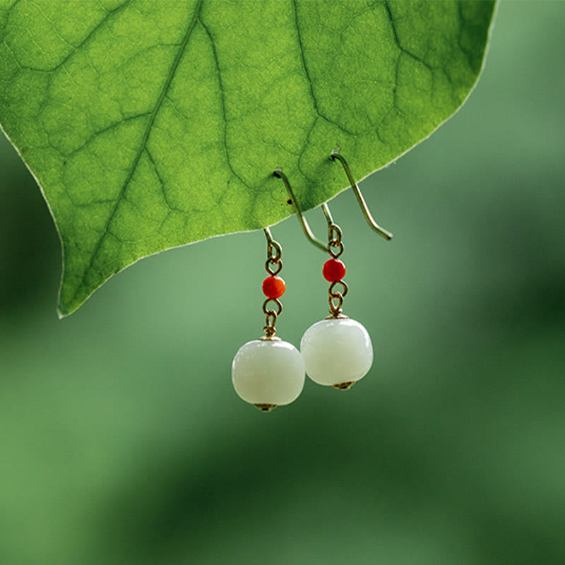 Buddha Stones 925 Sterling Silver Plated 14k Gold Hetian Jade Red Agate Luck Drop Dangle Earrings