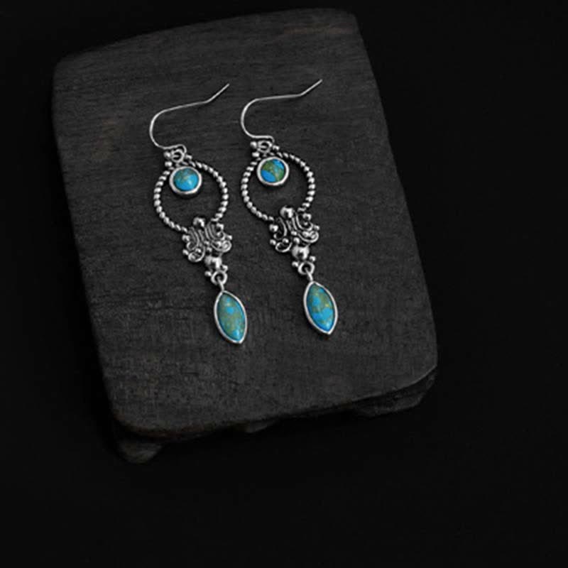 Buddha Stones 925 Sterling Silver Vintage Turquoise Waterdrop Pattern Balance Drop Dangle Earrings
