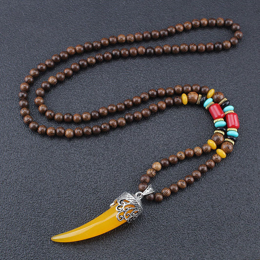 Buddha Stones Wenge Wood Turquoise Stone Horn Style Protection Meditation Necklace Pendant