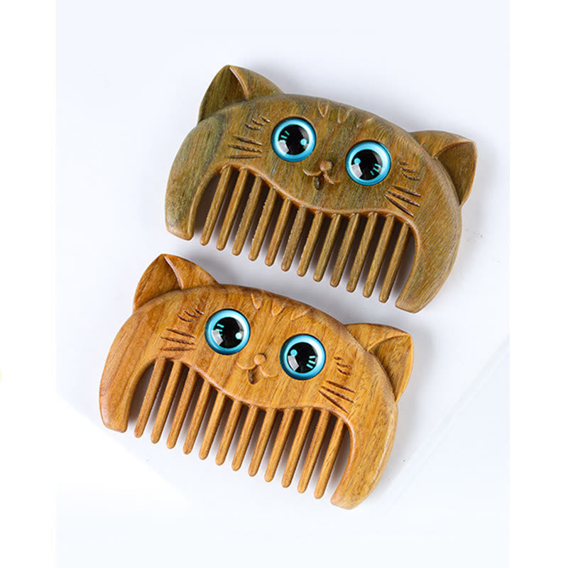 Buddha Stones Simple Cat Pattern Green Sandalwood Cure Portable Comb