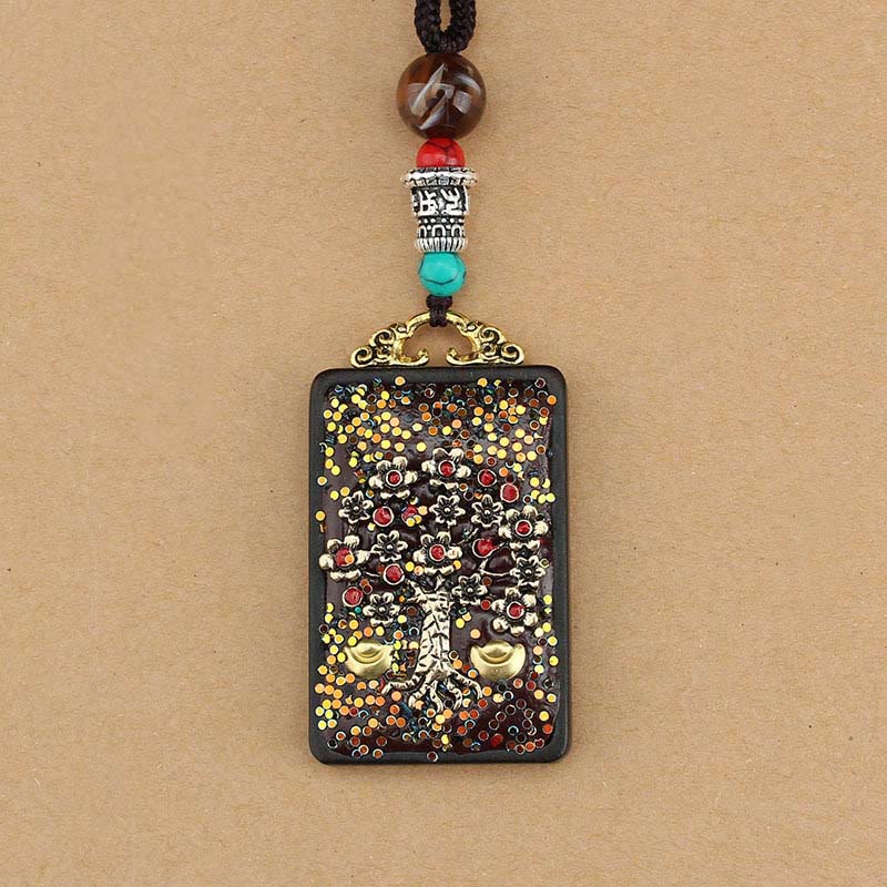 Buddha Stones Tibet God Of Wealth Money Tree Golden Phoenix Thangka Ebony Peace Necklace Pendant