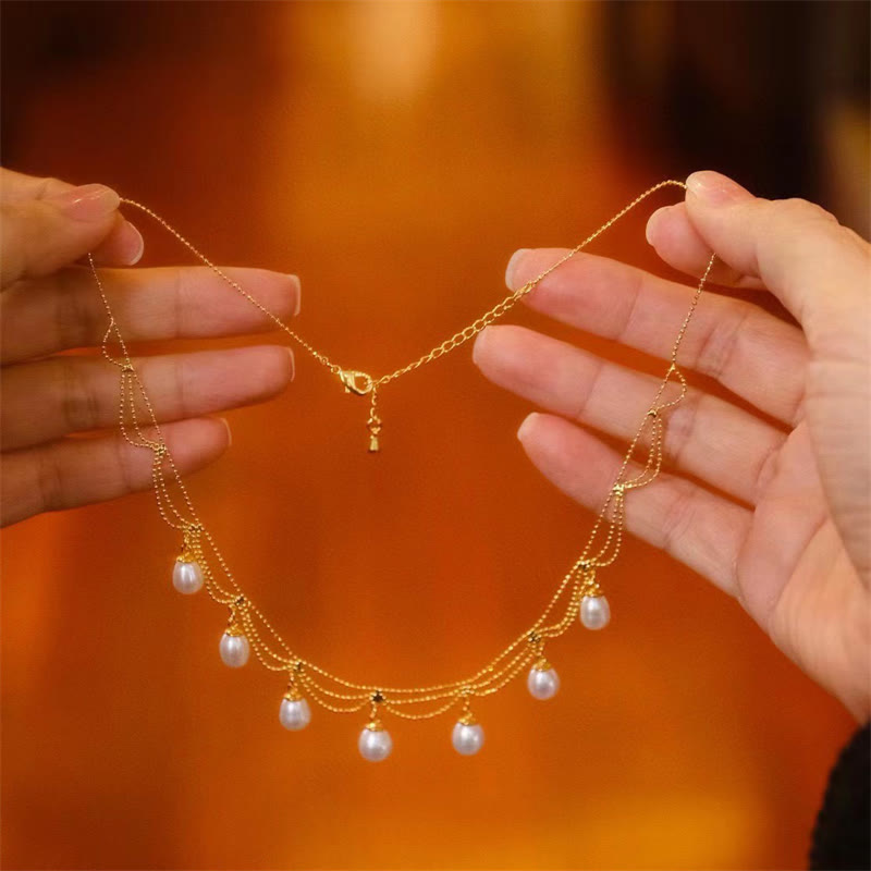Buddha Stones Vintage 14K Gold Plated Pearl Bead Healing Multilayer Necklace Pendant