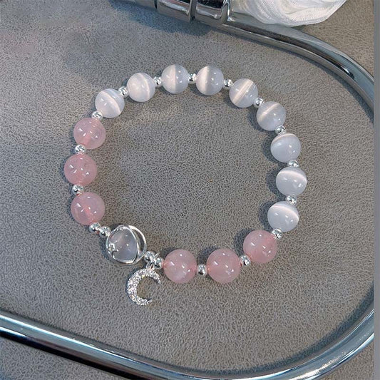 Buddha Stones Natural Cat's Eye Pink Crystal Moon Love Charm Bracelet