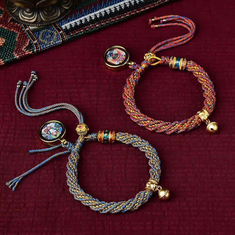 Buddha Stones Tibetan Handmade Luck Protection Thangka Prayer Wheel Bell Charm Braid String Bracelet