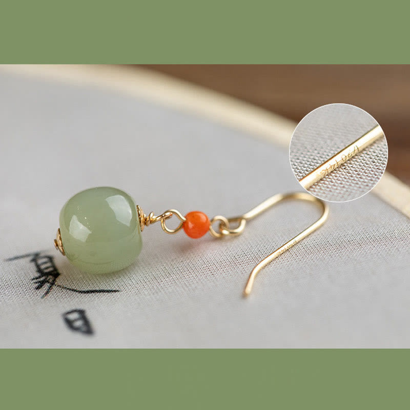 Buddha Stones 925 Sterling Silver Plated 14k Gold Hetian Jade Red Agate Luck Drop Dangle Earrings