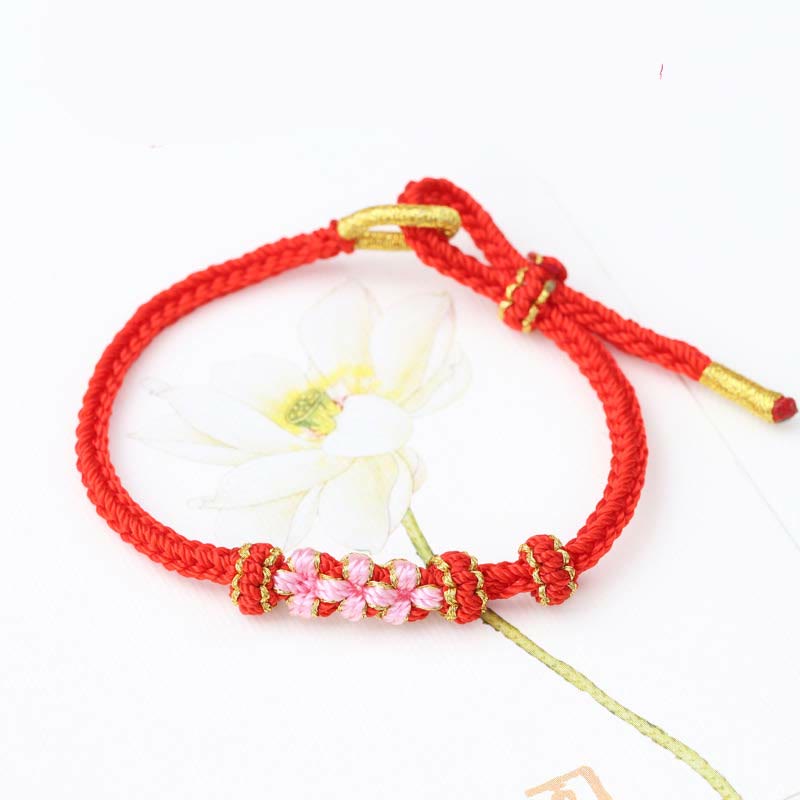Buddha Stones Handmade Three Peach Blossoms Luck Eight Strands Braided String Bracelet
