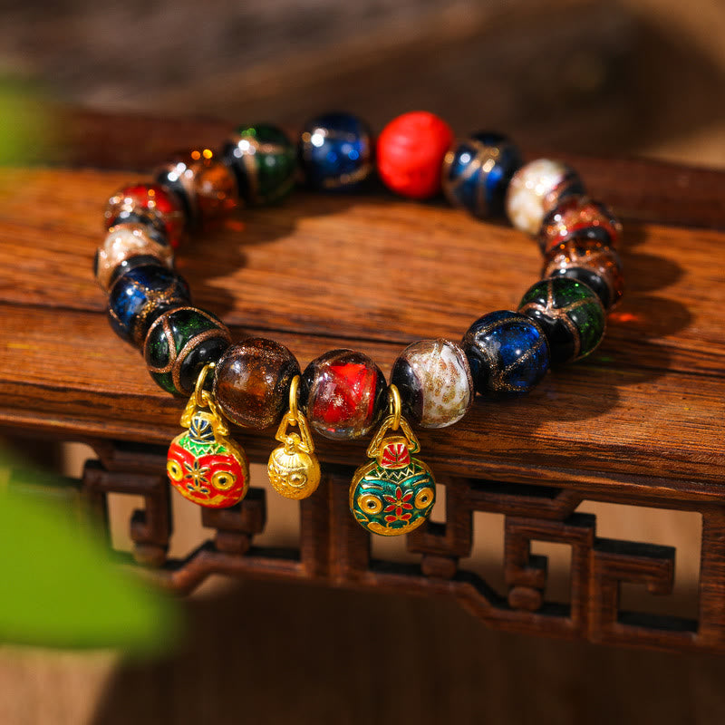 Buddha Stones Gold Swallowing Beast Family Colorful Cinnabar Bead Bracelet
