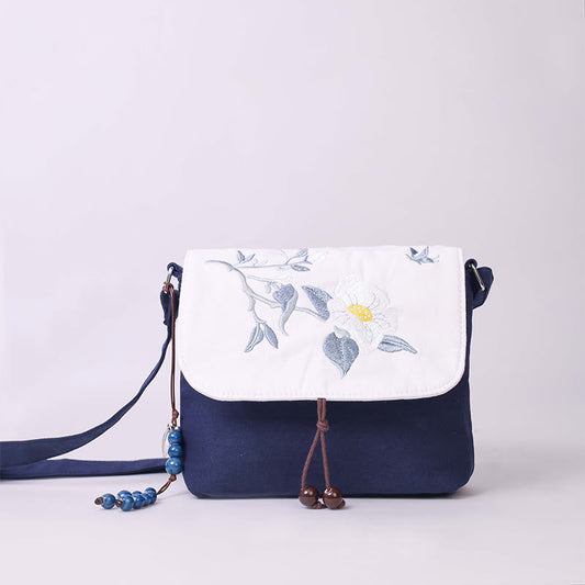 Buddha Stones Embroidered Camellia Epiphyllum Gardenia Sakura Flowers Crossbody Bag Shoulder Bag Cellphone Bag