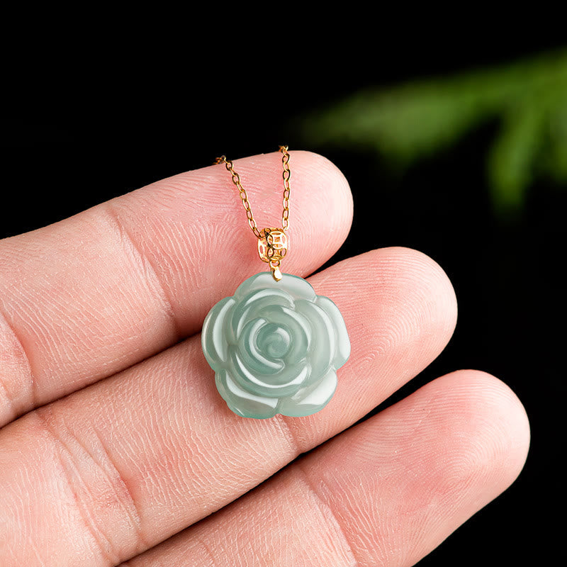 Buddha Stones 18K Gold Buckle 925 Sterling Silver Chain Natural Jade Rose Luck Necklace Pendant