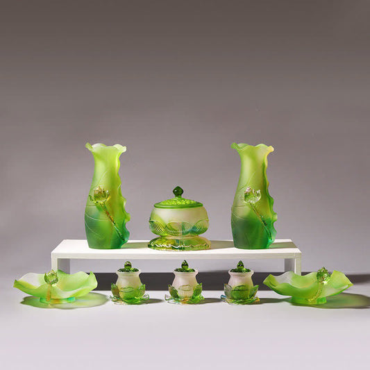 Buddha Stones Feng Shui Lotus Handmade Liuli Crystal Art Piece Home Office Offering Decoration