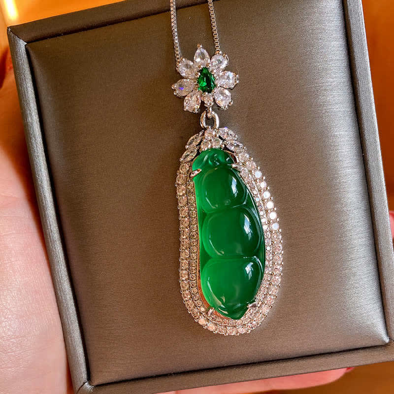 Buddha Stones Fortune Bean Cyan Jade Luck Necklace Pendant