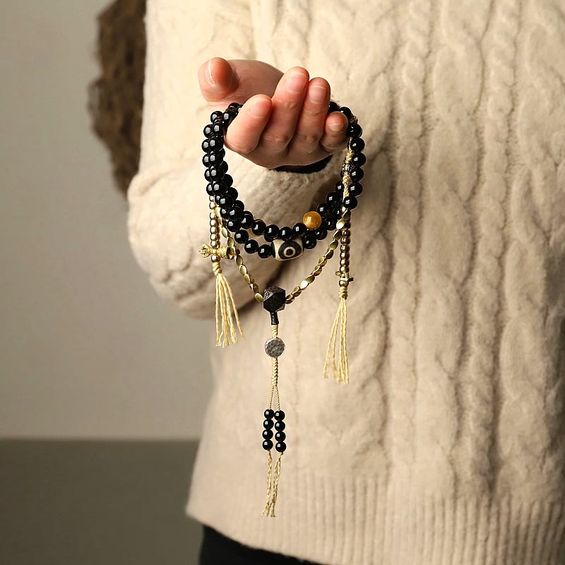 Buddha Stones Tibetan 108 Mala Beads Black Onyx Three-eyed Dzi Beads Protection Bracelet