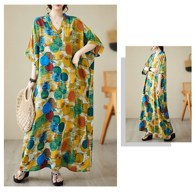 Buddha Stones Orange Blue Colorful Polka Dots Midi Dress Cotton Half Sleeve Dress With Pockets
