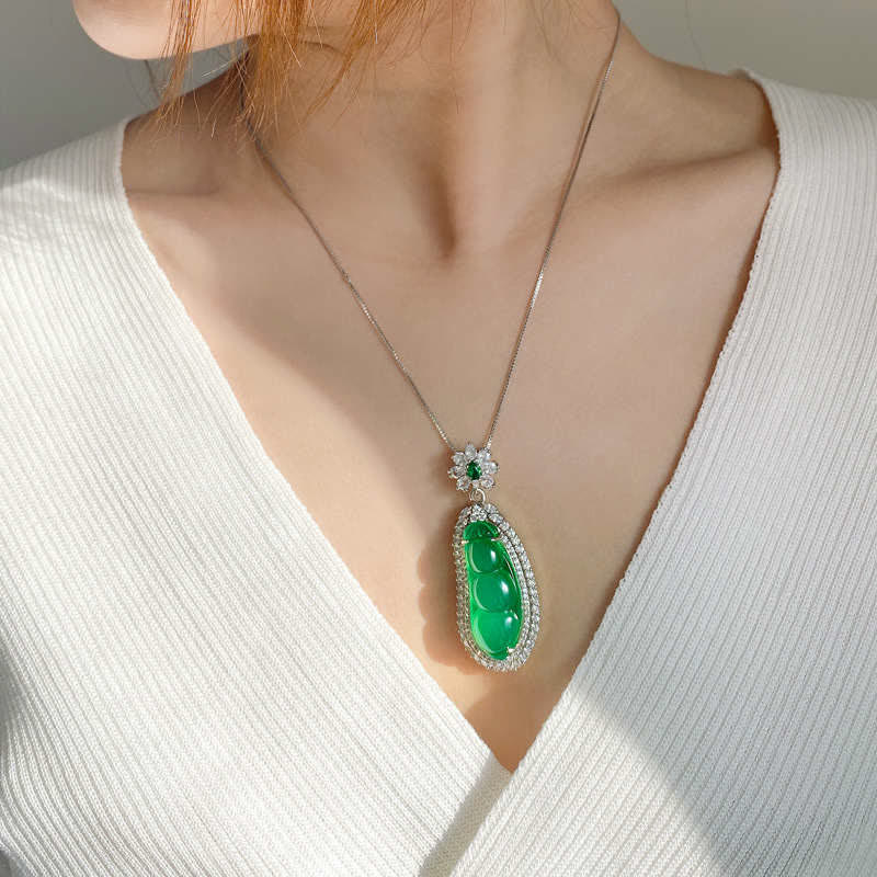 Buddha Stones Fortune Bean Cyan Jade Luck Necklace Pendant