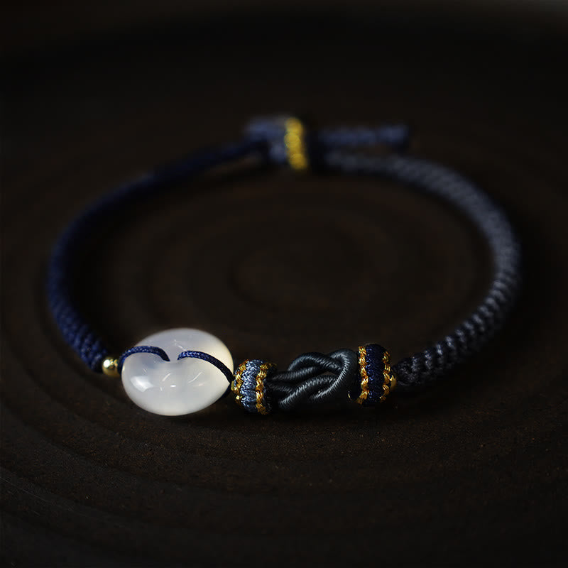 Buddha Stones Handmade White Agate Peace Buckle Luck Happiness Protection Weave String Bracelet